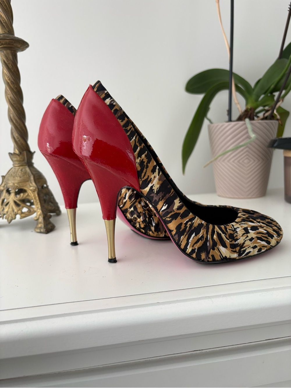 Betsey Johnson Leopard Print Stiletto Pumps with Red Patent Heel size 37